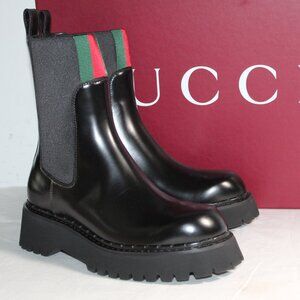 NWB Gucci Web Chelsea Stretch Panel Lug Sole Boots Booties Leather 39.5 8066398